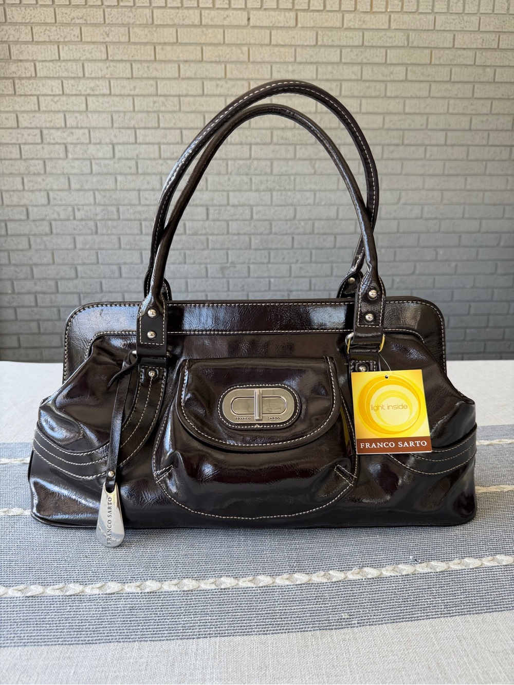 NWT Y2K Franco Sarto Glossy Patent Shoulder Bag in Chocolate Dark Brown Large